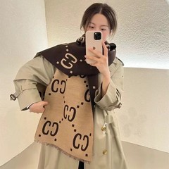 秋冬羊绒围脖G双面拼色羊毛围巾女大logo字母披肩保暖咖色高级感