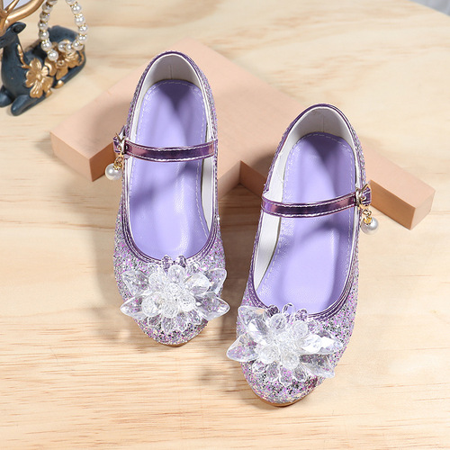 Children's leather shoes with high heels, little girl performance crystal shoes dress soft soles summer princess children's shoes purple