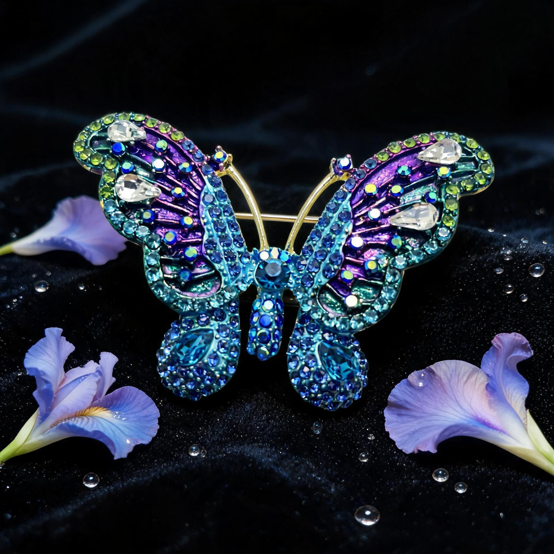 European and American high-end enamel-painted butterfly brooch for women, fashionable oil-drip inlaid with diamonds, high-end niche brooch wholesale