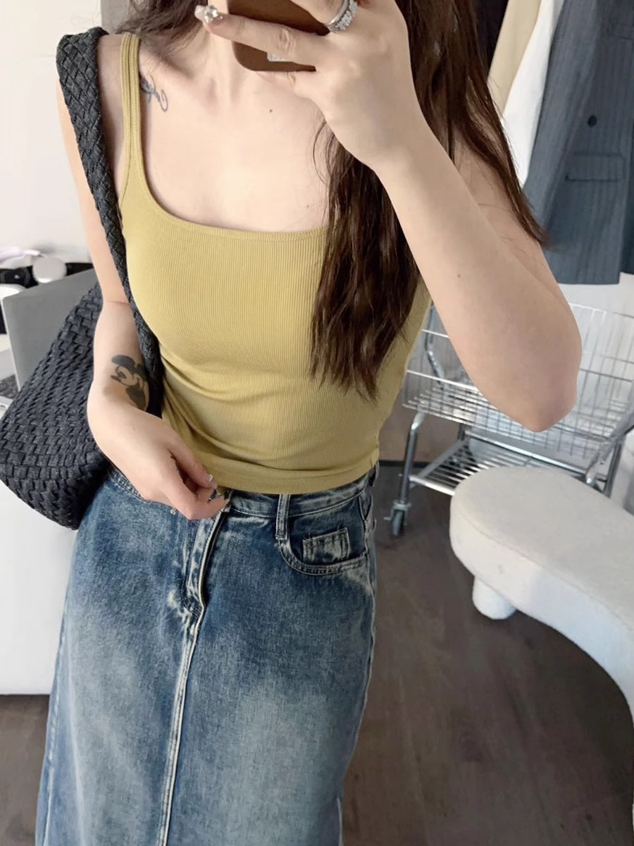 螺纹小方领显胸显腰细自带胸垫吊带背心女内搭bra防走光内衣打底