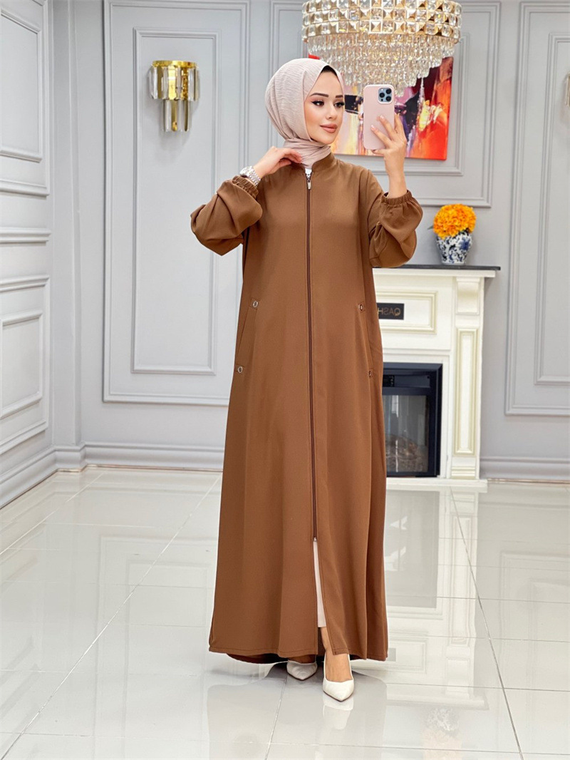 In Stock In Dubai, Middle East, 2024 New Fashion Stand-up Collar Zippered Pocket Loose Casual Dress Women's Robe_ecoleips.com