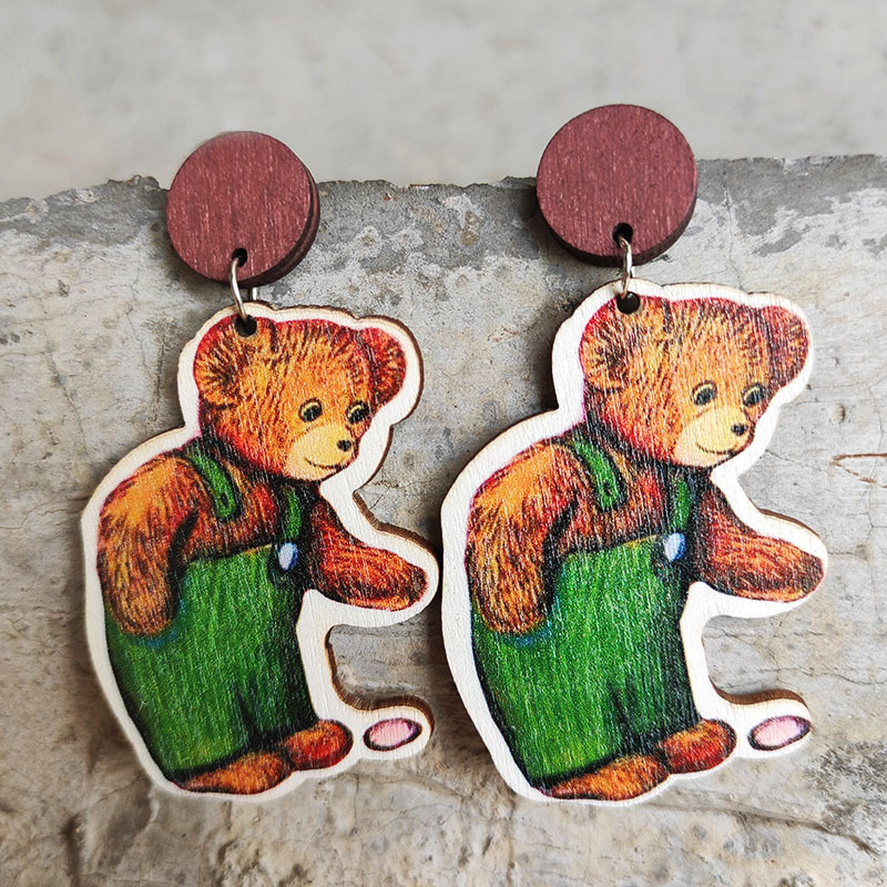 1 Pair Cute Bear Wood Drop Earrings display picture 2