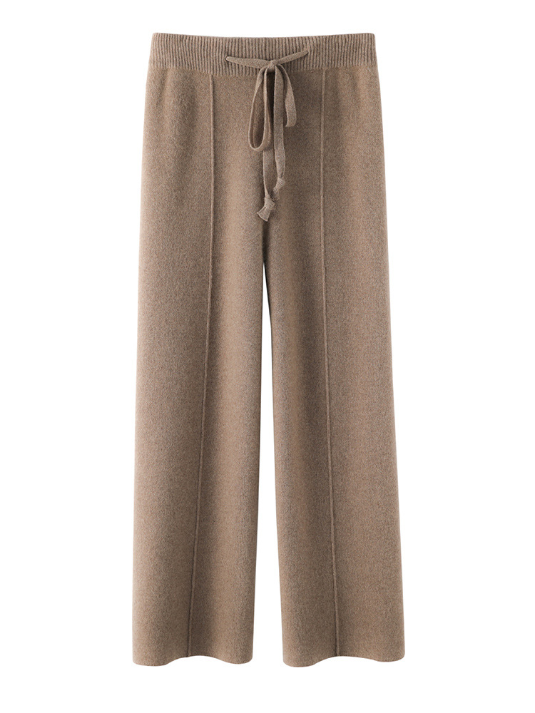 Pantalones Tejidos de Pierna Ancha para Mujer de Lana Sintética con Cintura Alta para Otoño e Invierno