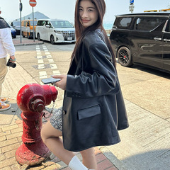 2025春秋新款设计高级感超火复古黑色pu皮西装皮衣外套女宽松港风