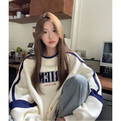 裏起毛韓国風ラウンドネックスウェットシャツ レディース ゆったり バイカラー ラグラン 長袖 レトロ キャンパス風 プルオーバー トップス カップル向け 卸売