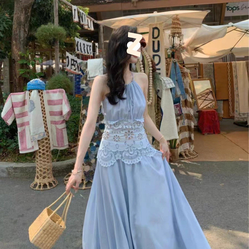 優しいスタイルの休暇ホルターネックスリムベストドレス婦人服 2025 夏の新しいエレガントな A ラインロングスカート|undefined