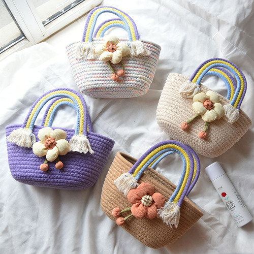 Korean style trendy cotton rope handbag, Internet celebrity, versatile and stylish handbag, small fresh flower straw bag, rainbow handle