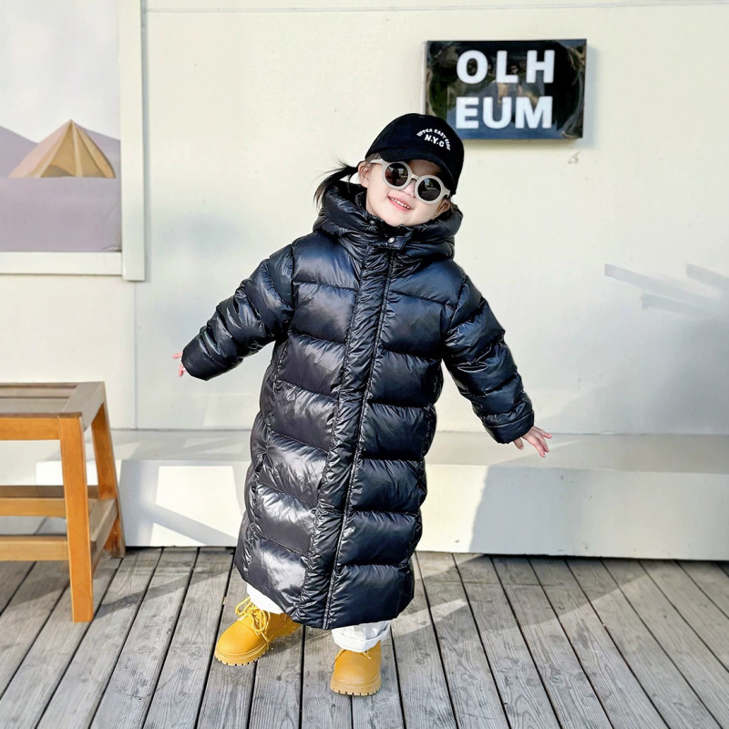 New Children's Black and Gold Warm down Cotton Coat, Over-The-Knee Long Style, Thickened, Washable, for Boys and Girls, Suitable for Older Children