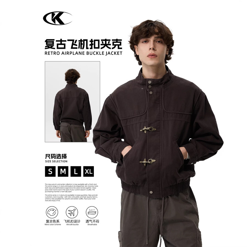 11Kn American Retro Dark Brown Aircraft Buckle Jacket for Men and Women with Right Shoulder Washed and Distressed Short Wide Stand-Up Collar Top Jacket