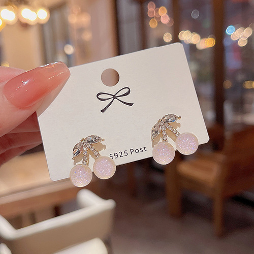 925 silver needle Korean small fresh dreamy gradient cherry earrings women's ins fashion versatile temperament zircon earrings earrings