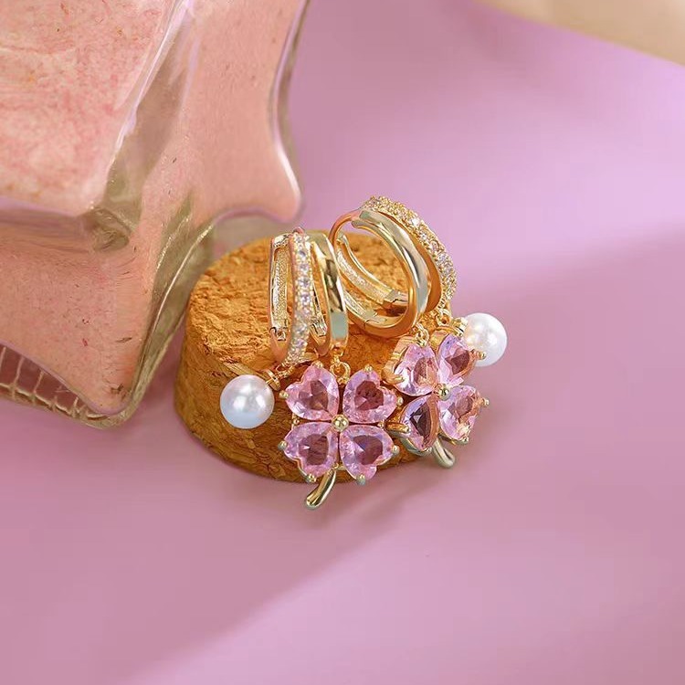 Stylish Pink Zircon Four-Leaf Clover Earrings with Elegant Design, New 2024 Style, Light Luxury Earrings for Women