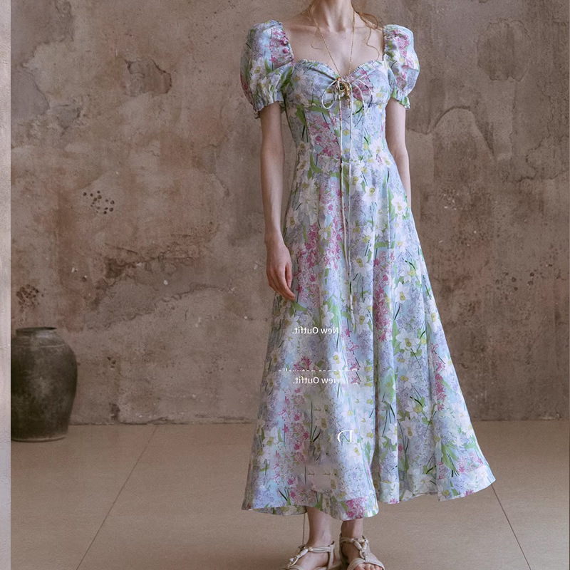 In Stock P.T Linen French-Style Fishbone Dress Vintage Waist-Cinching Puff Sleeve Fairy Long Dress French Vacation Style