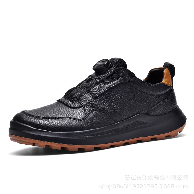 E家新款头层牛皮男鞋商务运动鞋旋转纽扣免系带轻便厚底休闲皮鞋|undefined