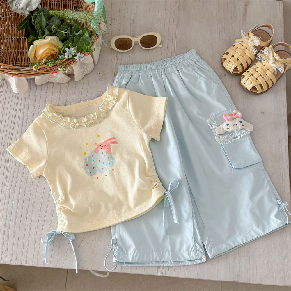 Sweet Little Girl Summer Outfit Set 25 New Style Children's Short-Sleeve Cargo Pants Bunny Baby Casual Sports Two-Piece Set