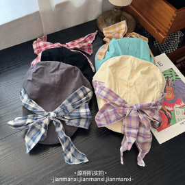早春季日系文艺少女格子绑带蝴蝶结前进帽女百搭街头画家报童帽子