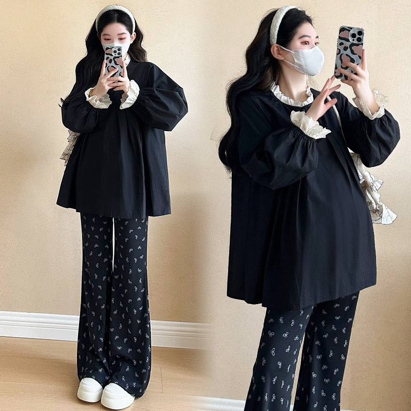 임산부 정장 초봄 신상 원목 귀 가장자리 스티칭 플리츠 긴팔 셔츠 + 프린트 플레어 팬츠 투피스 정장