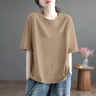 2025 New Short-sleeved T-shirt Women's Summer Explosions Loose Belly Covering Slimming Top Solid Color Base Shirt