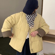 2025短款棉服女秋冬新款韩系宽松圆领棉服拼色小个子简约时尚外套