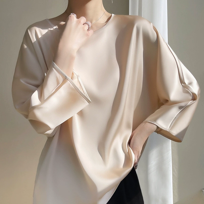 Round-neck women's pullover, satin-look emulation silk, thin commuter base shirt, 3/4 sleeves