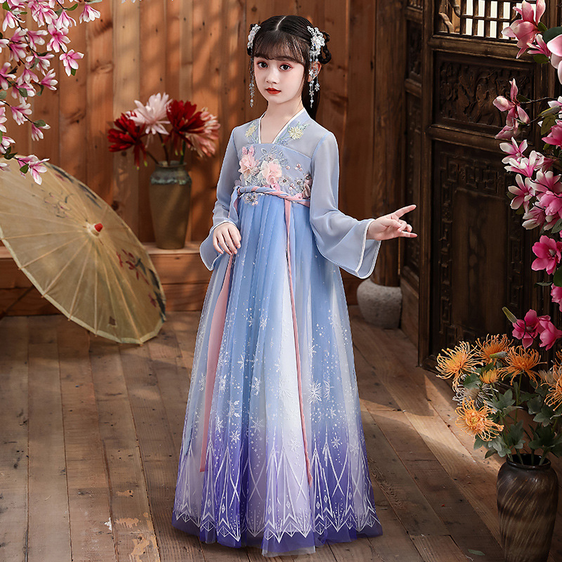 新款漢服女童大袖口網紗連衣裙民族風古裝演出服襦裙批發