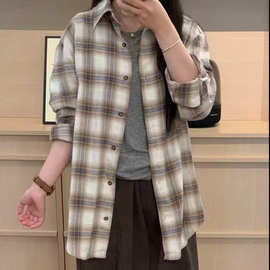 【专供东南亚】复古咖色磨毛格子衬衫女秋季宽松休闲长袖衬衣外套