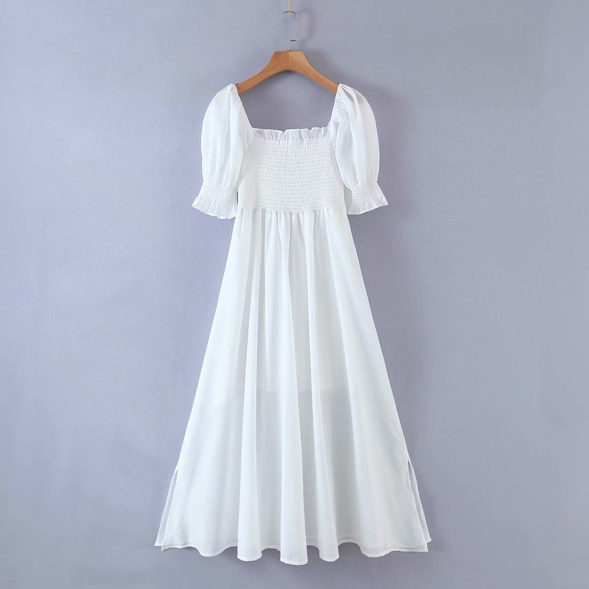 Square neck ruffled white dress  NSAM23070