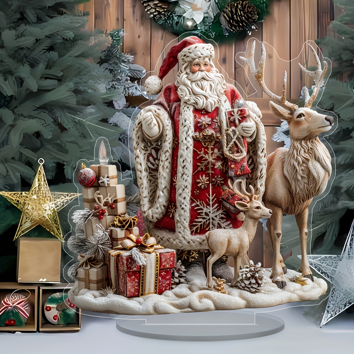 Papá Noel estilo bohemio con reno acrílico mostrando decoraciones navideñas