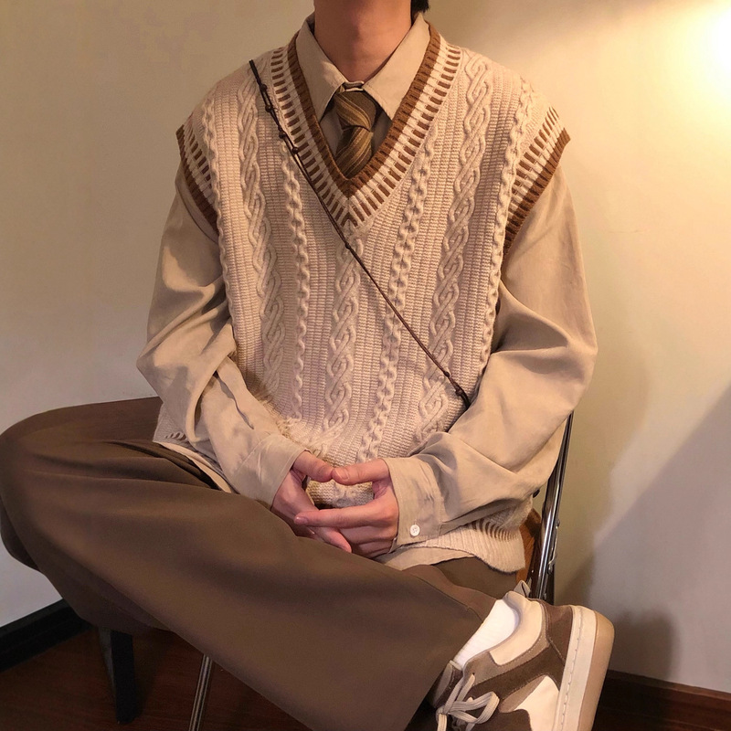 College Style V-Neck Knitted Vest Men's Spring & Fall Japanese Style Retro Sleeveless Dk Sweater Vest Pullover Waistoutwear Jacket