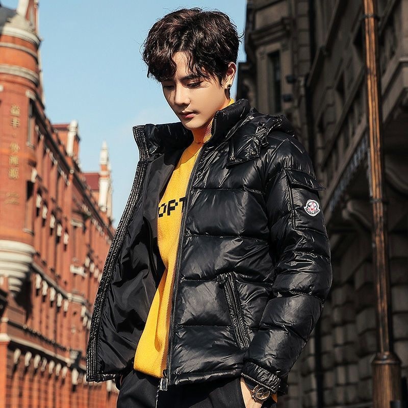 Cross-border off-season down jacket, men's fashion short thickened white duck down glossy hooded youth trendy winter coat