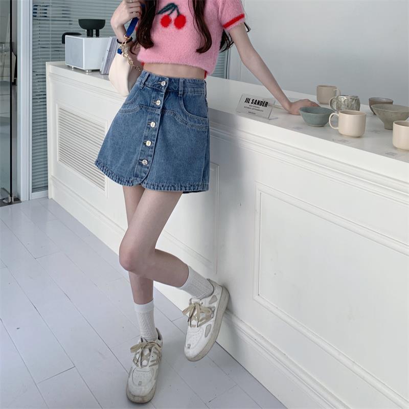 Buttoned Half-length Denim Culottes for Women, Fake Two-piece Summer High-waisted Wide-leg A-line Anti-exposure Student Shorts Trendy