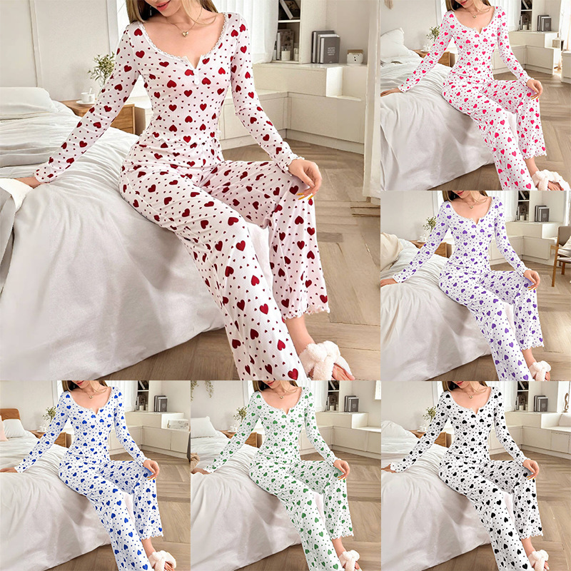New Cross-Border Home Wear Heart-Printed Pajamas Heart Long-Sleeved Pants Suit Can Be Worn Outside European and American Women's Pajamas New Cross-Border Home Wear Heart-Printed Pajamas Heart Long-Sleeved Pants Suit Can Be Worn Outside European and American Women's Pajamas
