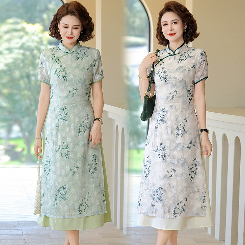Оптовая продажа нового платья-чонсама с коротким рукавом, платья для мамы, элегантного китайского платья до колена, высококачественной юбки