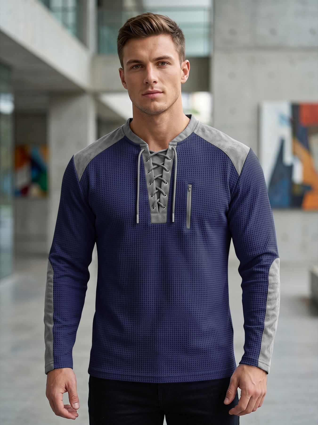 Europa y Estados Unidos transfronterizos hombres primavera y otoño correa chaqueta de color waffle manga larga ocio comercio exterior deporte chaqueta transpirable