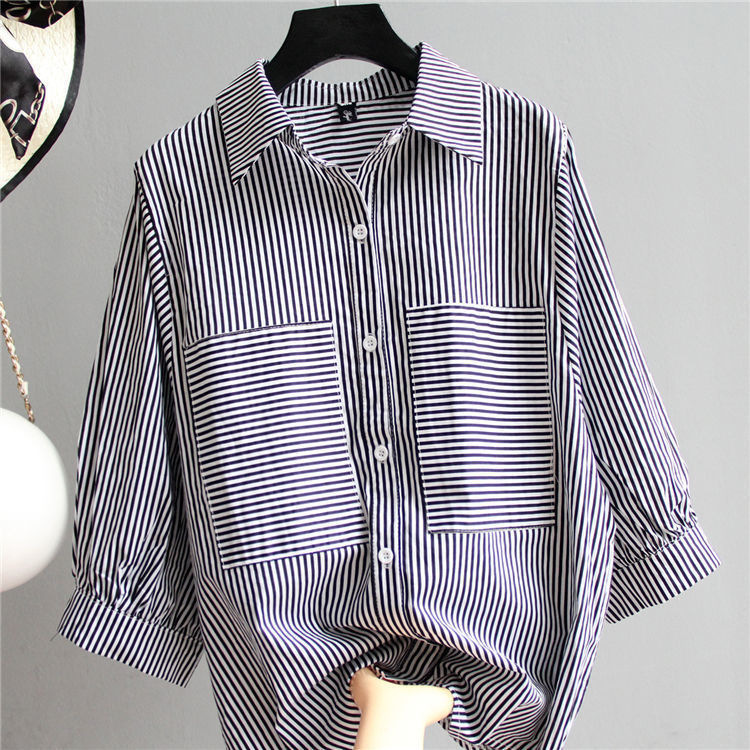 [100kg Plus Size Women's Clothing-M-3Xl] Striped Shirt Women's Summer New Three-Quarter Sleeve Top Plus Size Mid-Sleeve