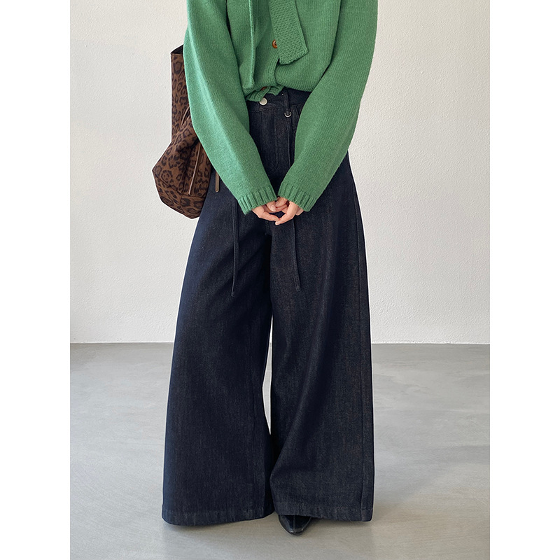 Jiangzuo Exquisite Fit Retro Fleece-Lined High-Waisted Women's Versatile Straight Wide-Leg Cropped Jeans 06332