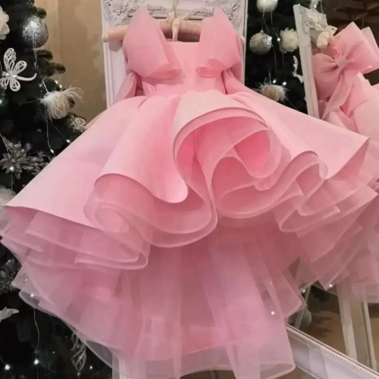 粉色儿童礼服蓬蓬公主裙蝴蝶结款小女孩生日派对时尚洋气连衣裙
