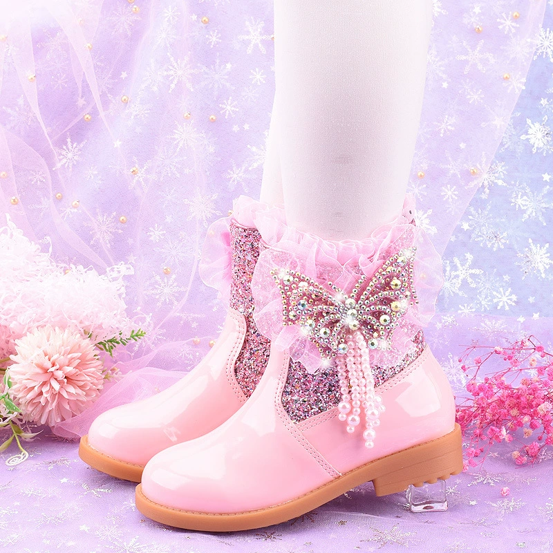 Детские короткие сапоги, осенне-зимние ботинки для девочек, зимние сапоги принцессы в Корейском стиле, хлопковые сапоги средней длины, зимние сапоги для маленьких девочек