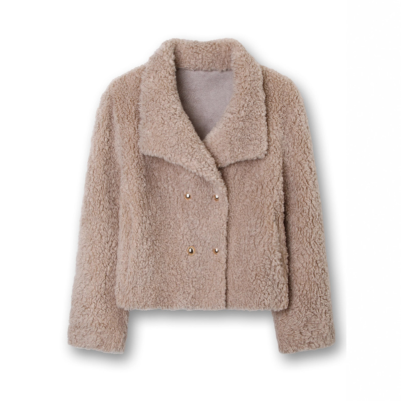 European and American Autumn and Winter Women's Light Brown Imitation Cashmere Jacket with Lapel and Gold Buttons, Loose Teddy Bear Fleece Jacket