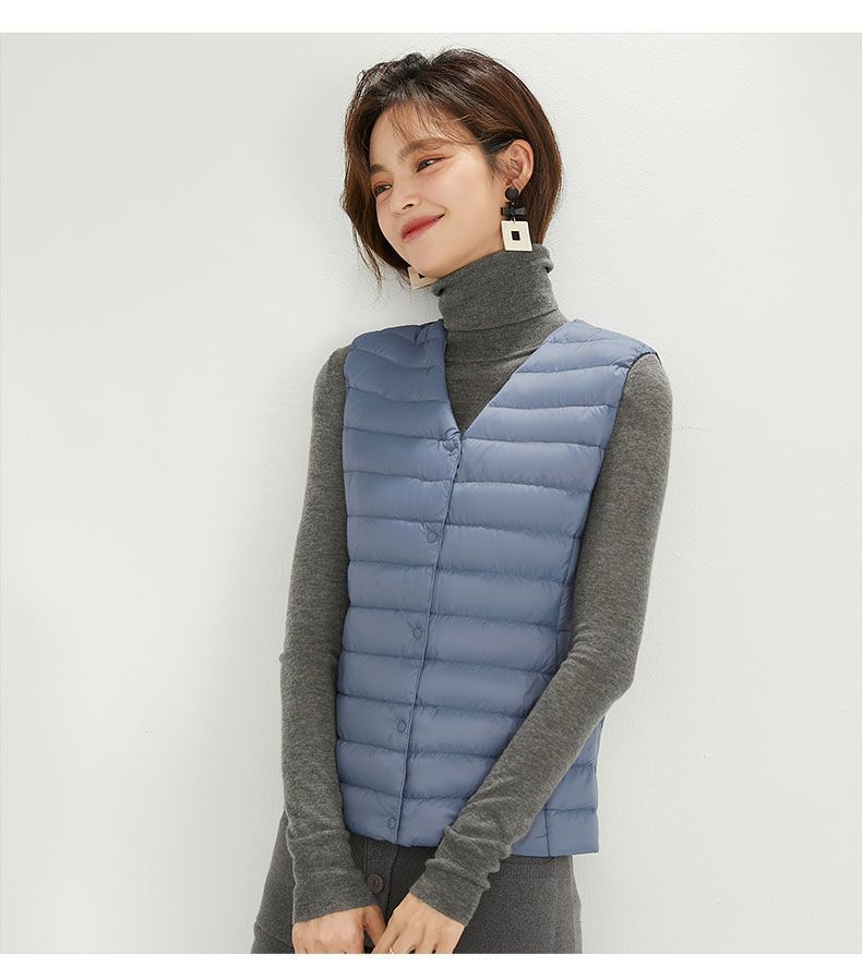 Otoño y invierno nuevo chaqueta ligera de plumón, chaleco de cuello corto de cuello redondo sin cuello ligero chaleco de color sólido