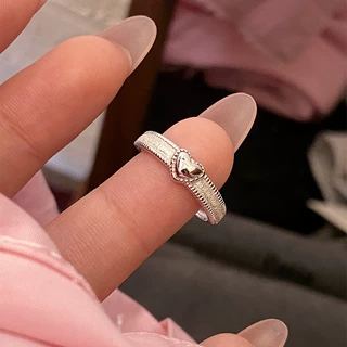S925纯银立体爱心磨砂拉丝圆珠戒指小众韩式甜美小众指环手饰品女