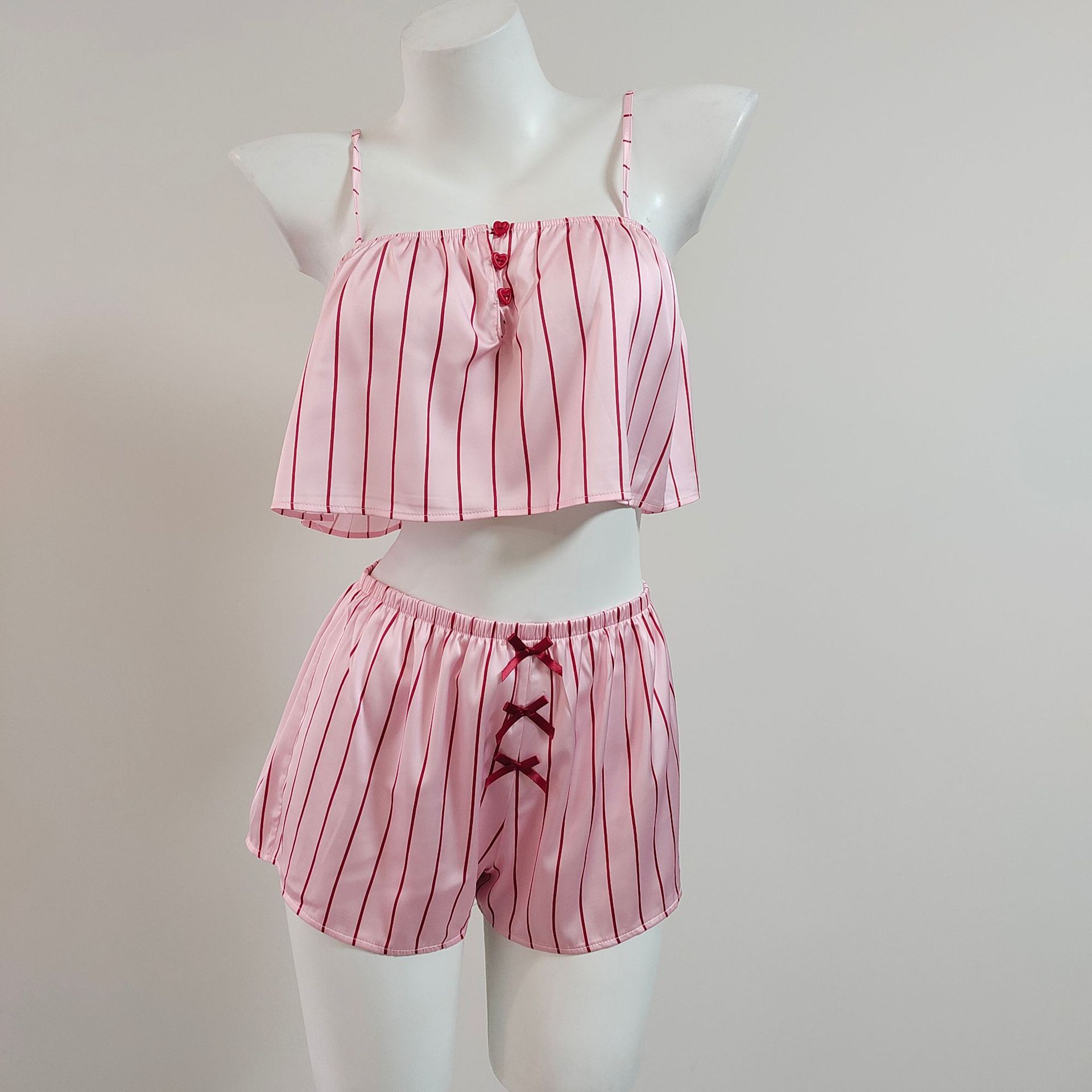 New Pink Girly Style Sexy Pajamas Striped Small Flower Pure Lust Lace Suspender Shorts Home Wear Suit Thin Section