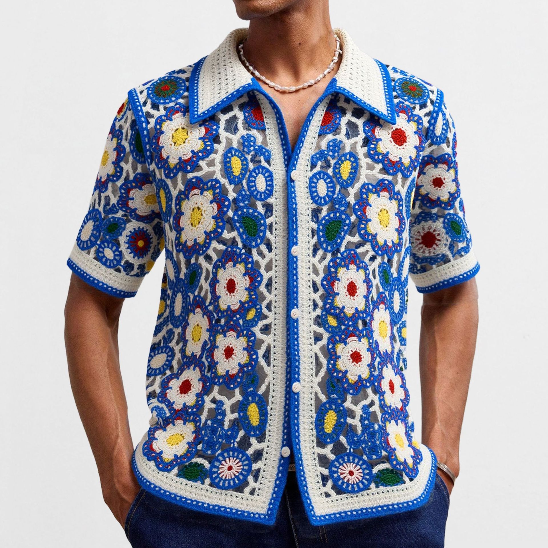 Cross-Border Men's Clothing Blue Crochet Hollow-Out Knitted Polo Shirt Bohemian Style Vacation Short-Sleeved Cardigan for Men Sy0059