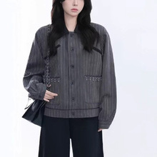 潮牌高街设计感铆钉竖条纹短款外套女生小众设计宽松百搭夹克上衣