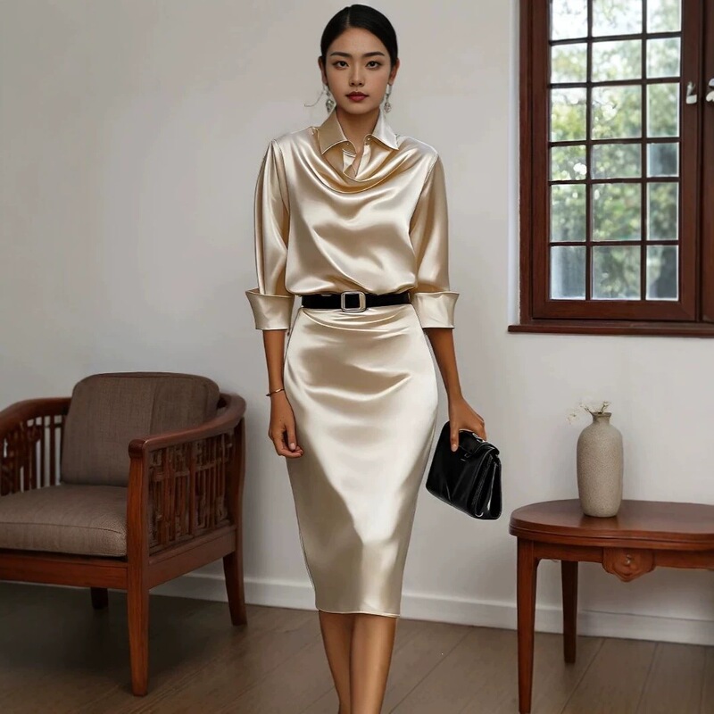 2026 French-style cross-border new autumn-summer waist-cinching slimming acetate satin elegant high-end long-sleeve dress for women 2026 French-style cross-border new autumn-summer waist-cinching slimming acetate satin elegant high-end long-sleeve dress for women