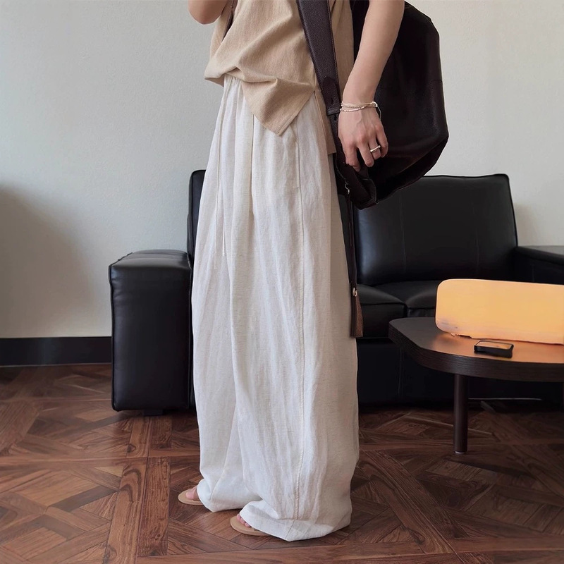 Tencel Linen Balloon Scimitar Pants Women's Summer Thin High Waist Drapey Loose Lazy Relaxed Straight-Leg Casual Wide Leg Pants