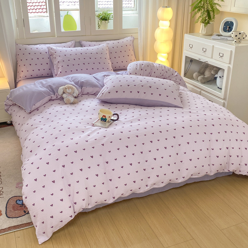 Category a Maternal and Infant Grade Bed Four-Piece Set Ins Style Washed Cotton Four-Piece Set Skin-Friendly Cotton Bed Bed Sheets Quilt Cover Dormitory Three-Piece Set