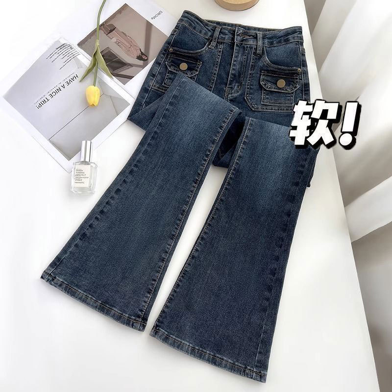 Pocket Design Micro-Lare Jeans Women's Summer American-style Blue Grey Slim-fit Horseshoe High Waist Stretch Straight Flared Pants Pocket Design Micro-Lare Jeans Women's Summer American-style Blue Grey Slim-fit Horseshoe High Waist Stretch Straight Flared Pants