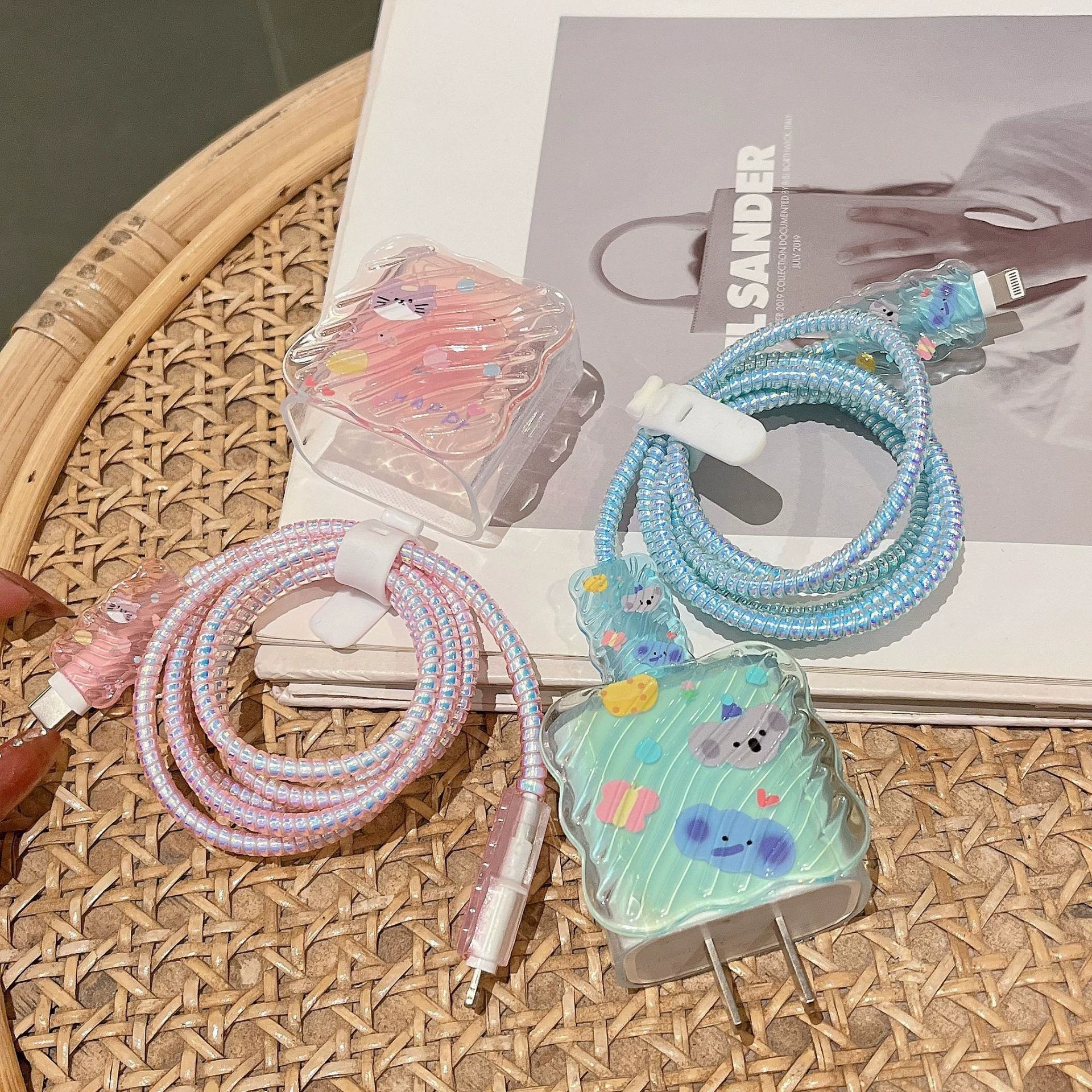 Подходит для Apple, защитный чехол для зарядной головки, 20 Вт, кабель для передачи данных, зарядное устройство, защитный чехол, защита от разрыва, мультяшная розовая волна