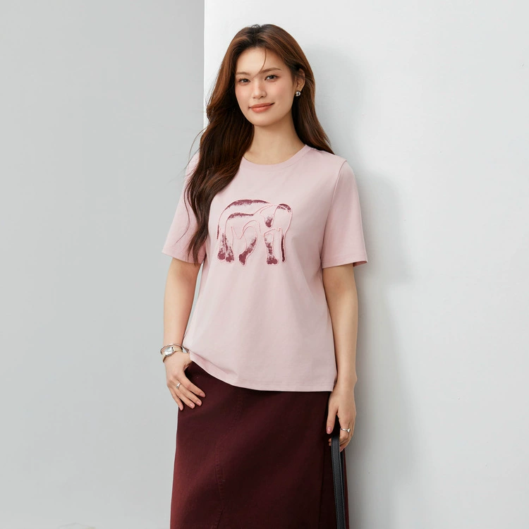 [Уменьшение возраста персонализированный узор слона удобная футболка с круглым вырезом] Funny Show большой размер женский толстый mm2025 весенний новый