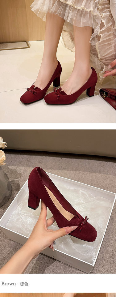 Giày cao gót nữ mũi vuông gót dày 6–8 cm thiết kế thanh lịch có nơ — màu kaki, màu nâu, rượu vang đỏ chi tiết 11